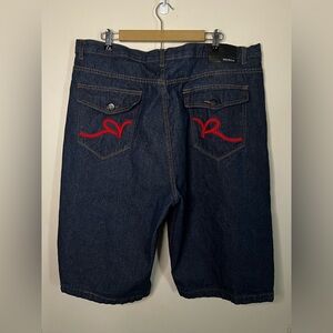 Vintage 90s Y2K Rocawear Blue Denim Baggy Embroidered Shorts Size 42 Fit 40